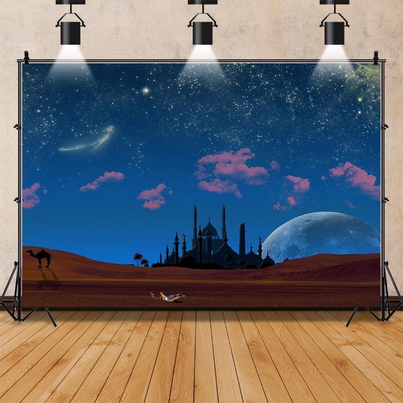 AOFOTO 7x5ft Magic Aladdin's Genie Lamp in Desert Backdrop Fantasy Arabian Theme Starry Sky Night Stars Mosque Background for Photography Wish Mysterious Luck Mythology Fairy Tale Photoshoot Props - Image 5